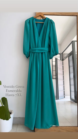 Maxi Vestido Greta verde esmeralda gasa muselina fs