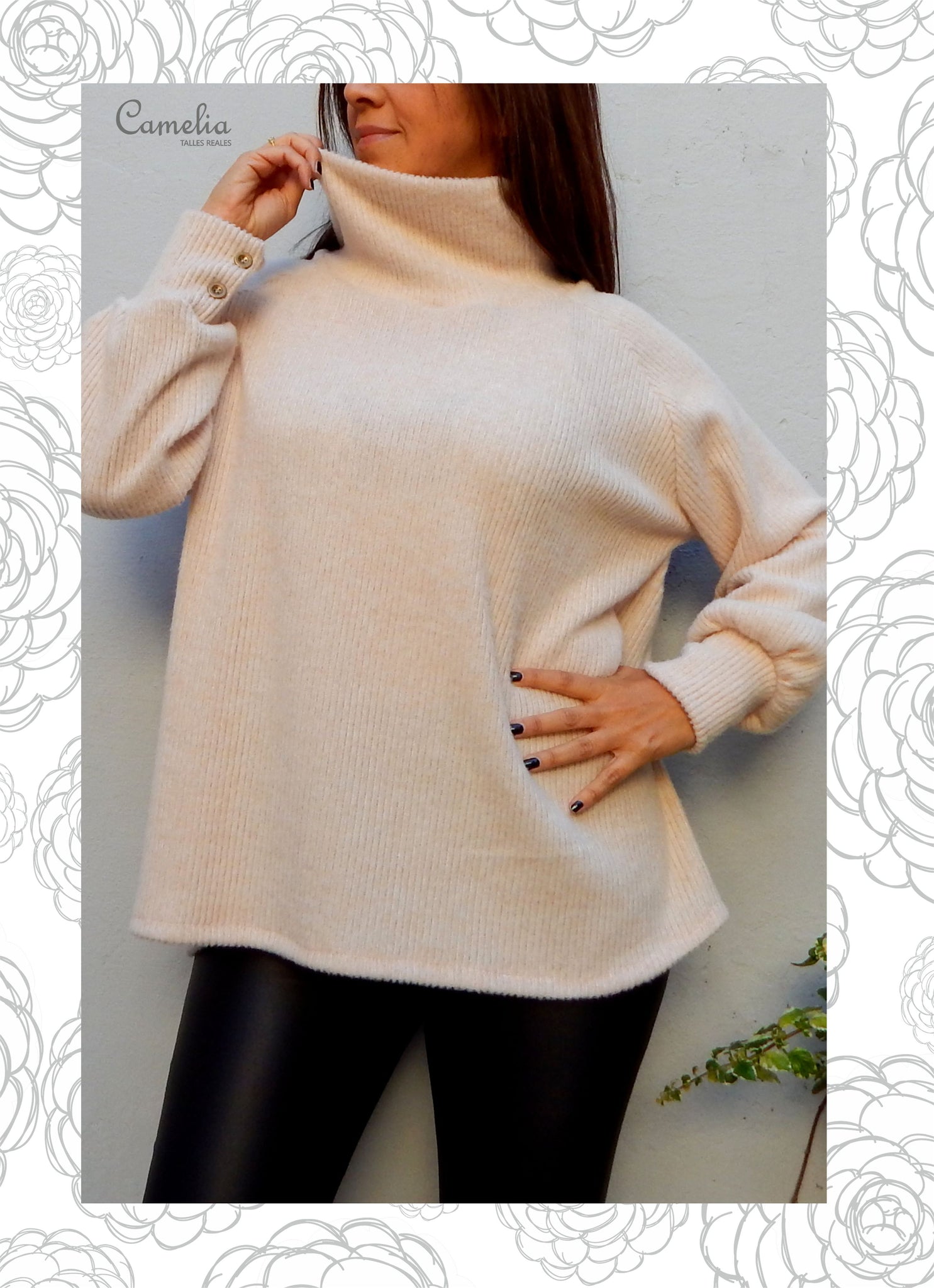 Polerón Darya cashmere crema con manga globito y puño con botones